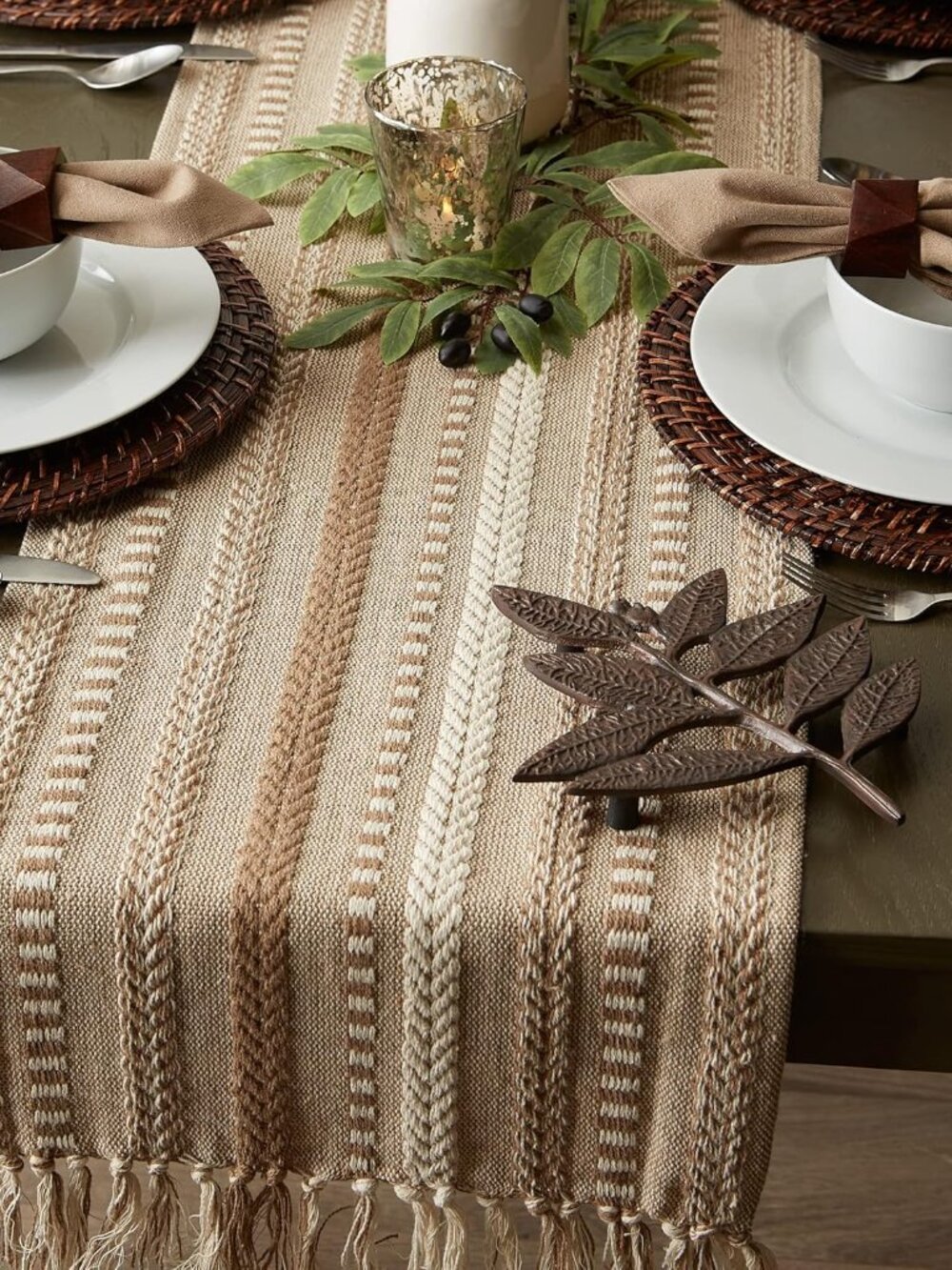 Farmhouse Braided Stripe Table Runner Collection, 15x72 15x77, Fringe Included, - Picture 8 of 11
